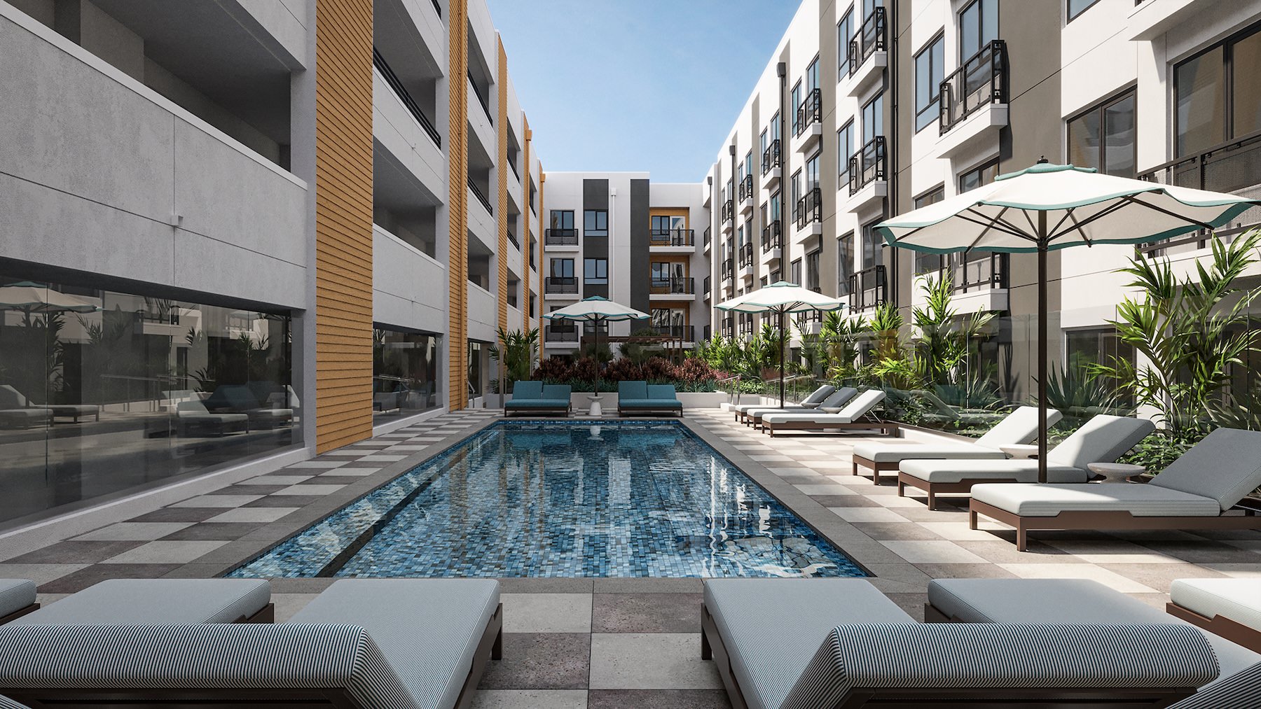 Relax and unwind poolside resort style pool in a courtyard