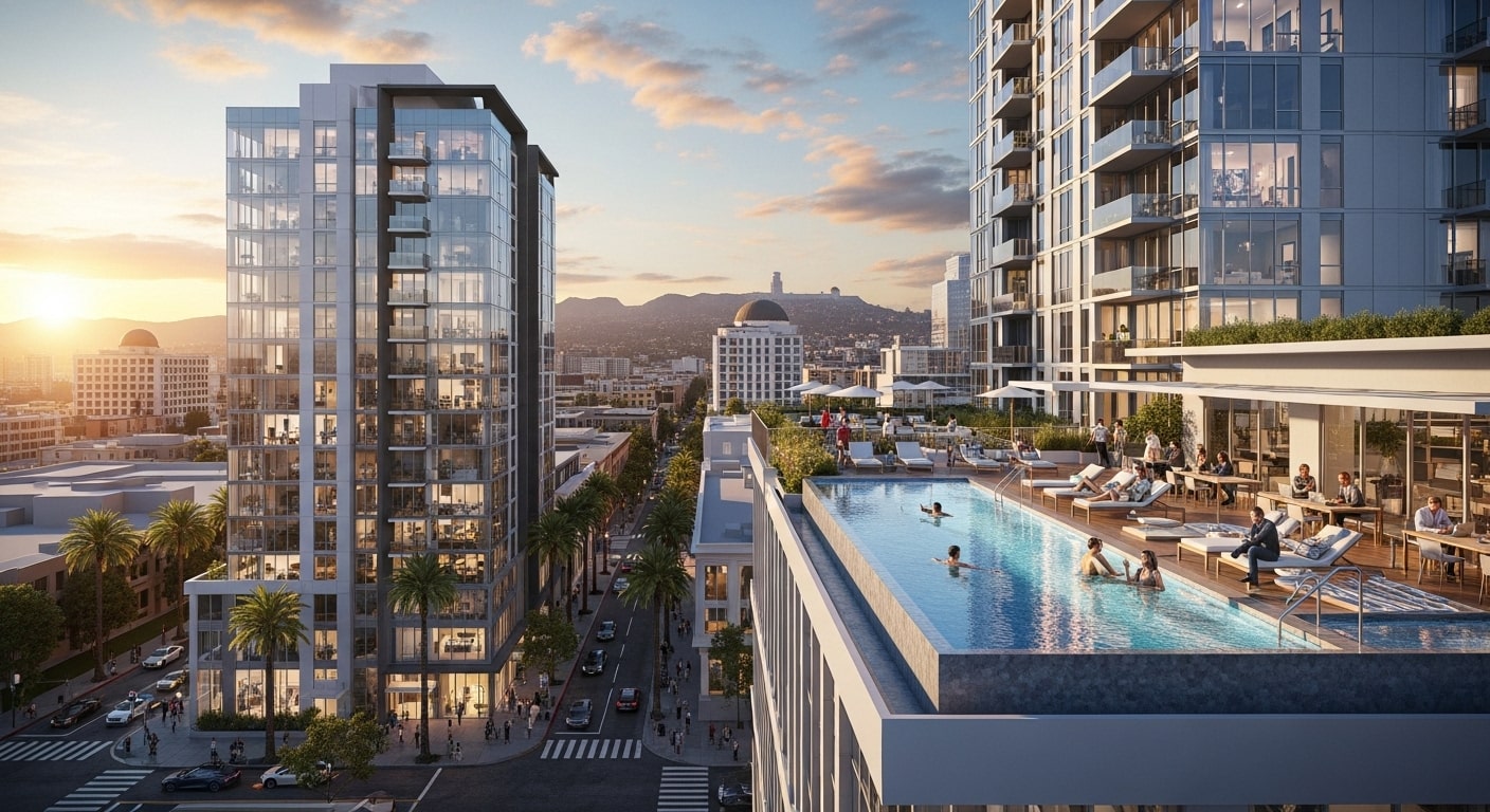 Los Angeles rental market 2025 showing modern apartment complex with rooftop lounge, smart home features, and amenities for tenants in the San Fernando Valley.
