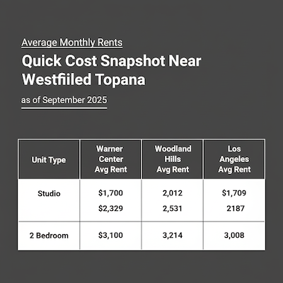 Apartment rent cost comparison in 2025 showing average monthly prices for studios and two-bedroom units in Warner Center, Woodland Hills, and Los Angeles Apartment rent cost comparison in 2025 showing average monthly prices for studios and two-bedroom units in Warner Center, Woodland Hills, and Los Angeles