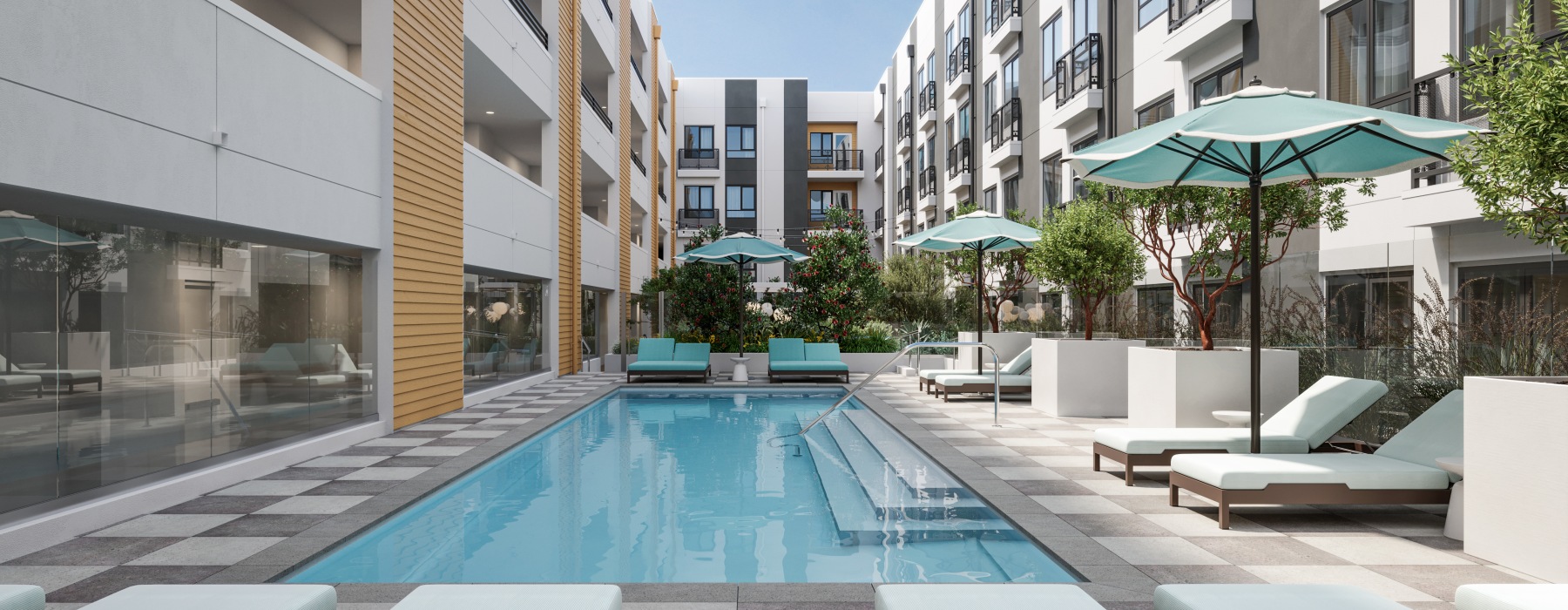 Modern clubhouse near Warner Center with colorful mural, natural lighting, and stylish resident lounge seating