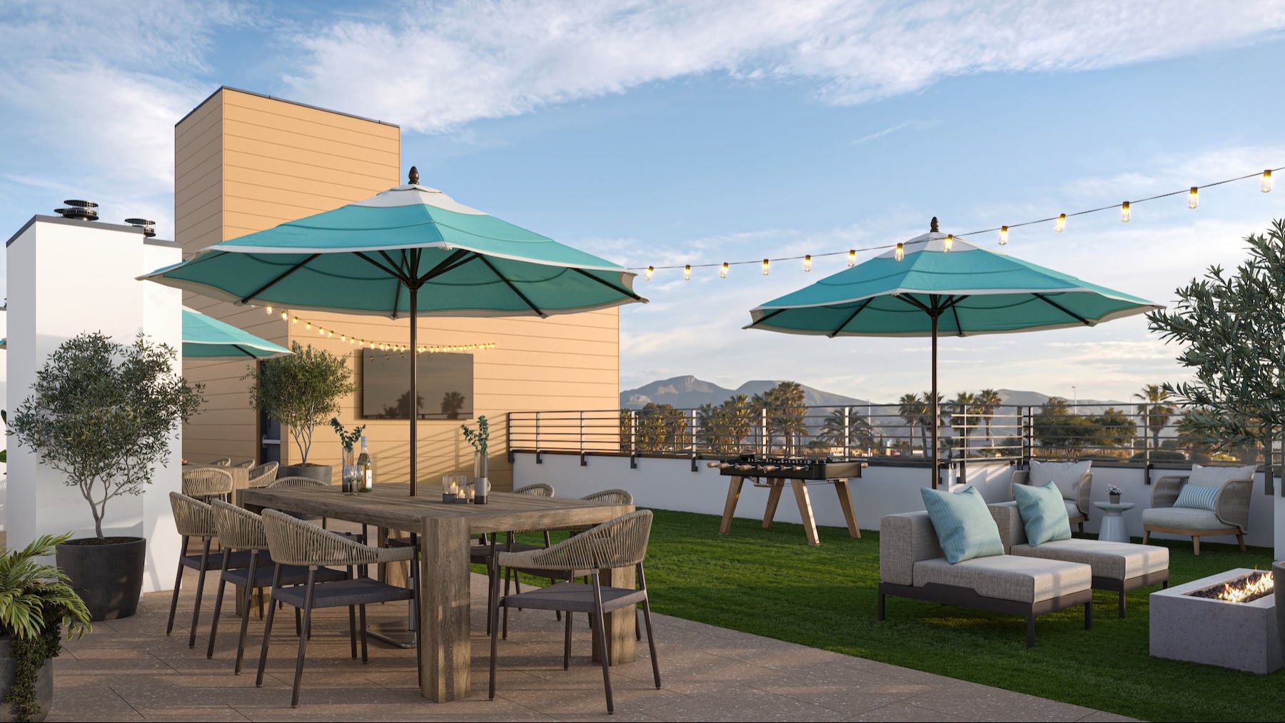 The essence of exceptional living rooftop patio with seating and umbrellas