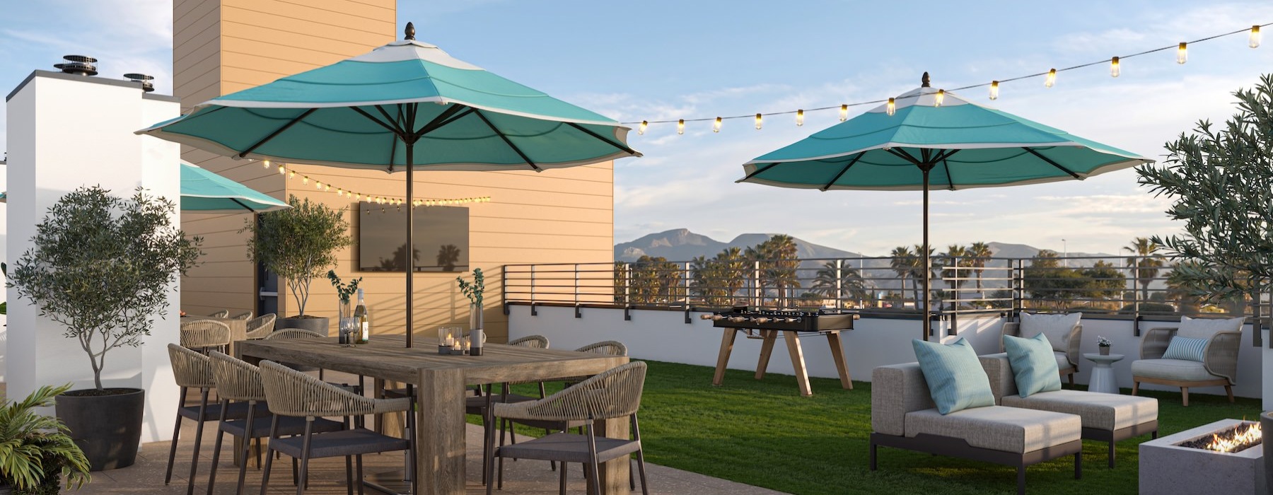 rooftop patio with seating and umbrellas
