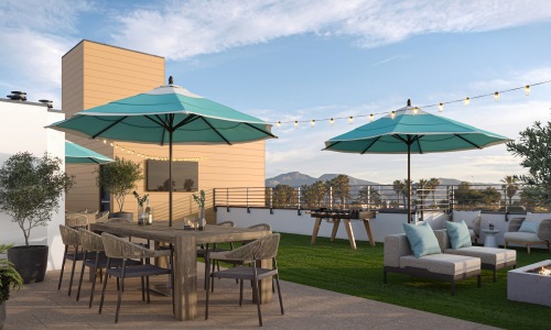 The essence of exceptional living rooftop patio with seating and umbrellas
