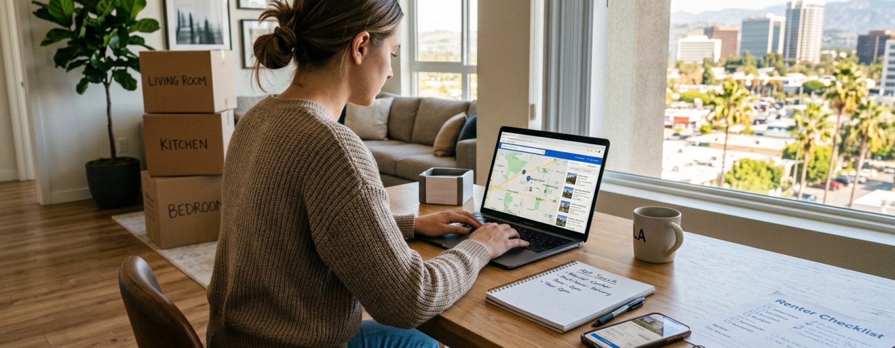 First-time renter planning an apartment search near Warner Center with a checklist, laptop, and moving boxes.