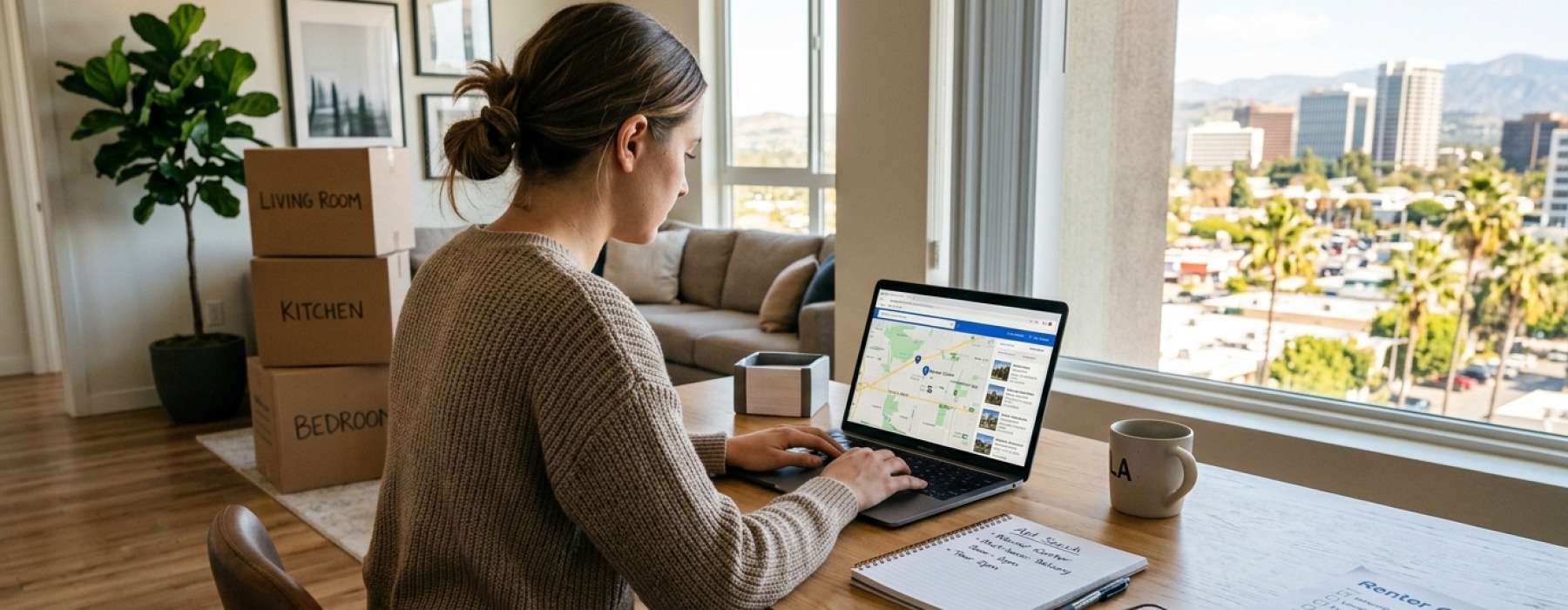 First-time renter planning an apartment search near Warner Center with a checklist, laptop, and moving boxes.
