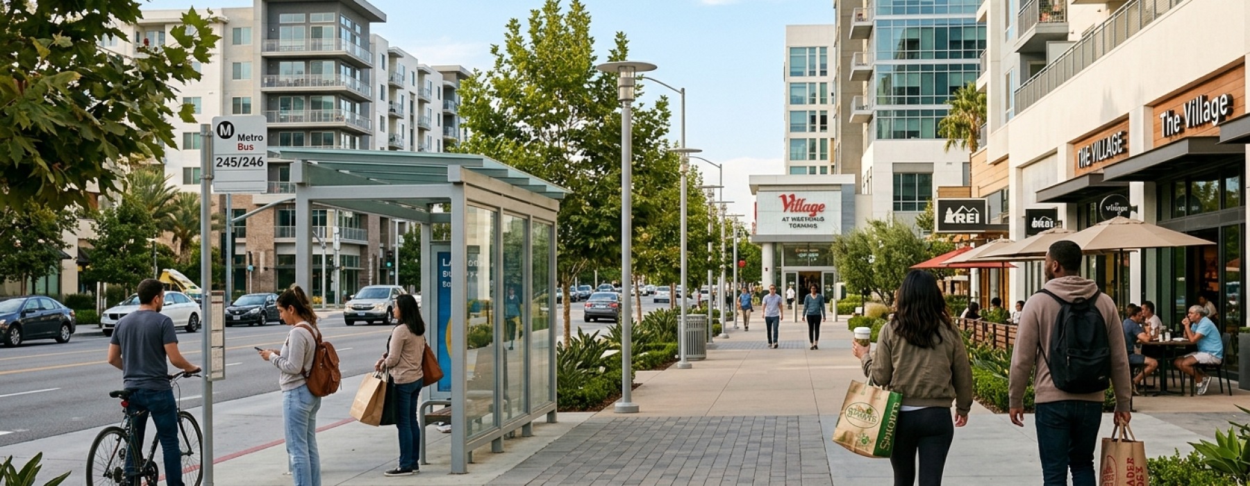 Renters walking near Warner Center with shopping, dining, bus access, and modern homes in Woodland Hills.