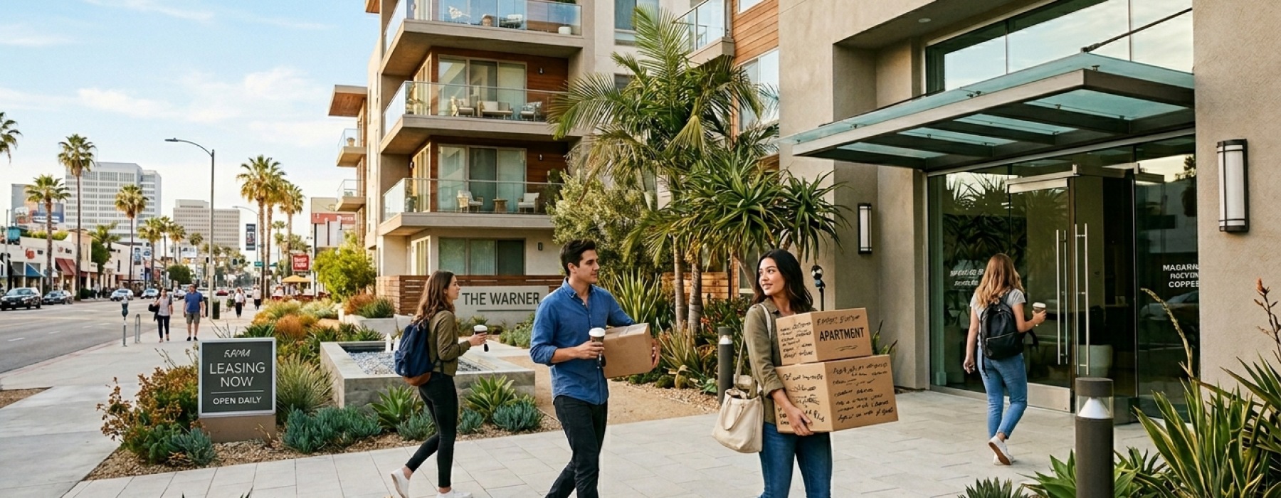 New renters walking near modern apartments near Warner Center in Los Angeles.