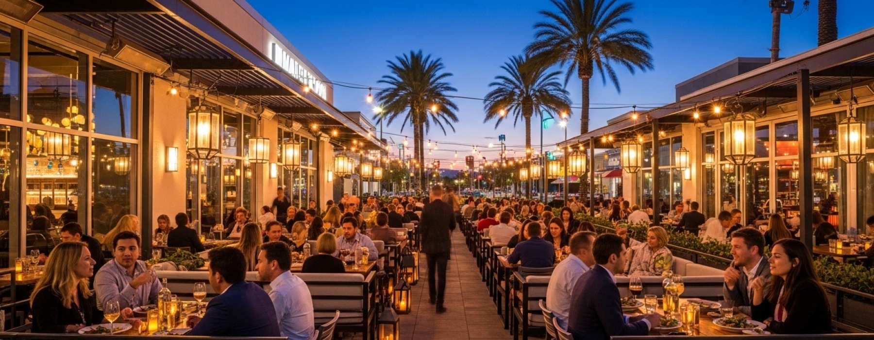 Banner image showing restaurants near Warner Center with outdoor patios and city lights.