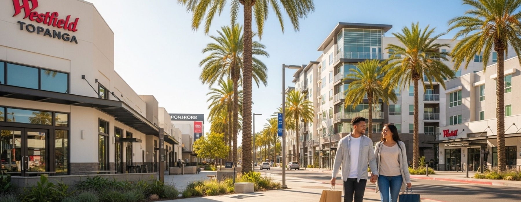 Westfield Topanga shopping center near Warner Center Los Angeles with palm trees, modern apartments, and a couple walking by.